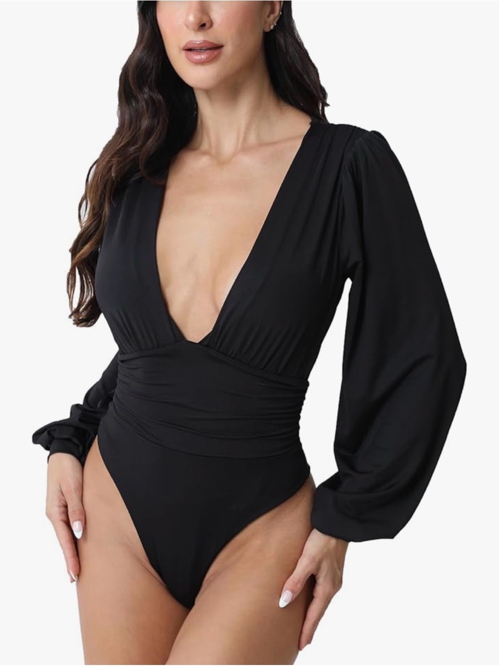 Deep V Neck Black Bodysuit